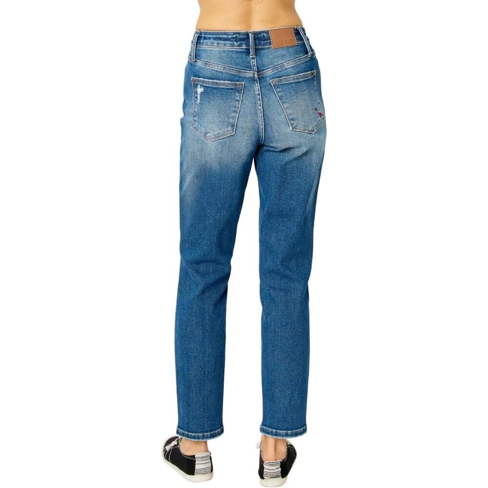High Waist Boyfriend Jeans Cotton Spandex Relaxed Fit Queen of Hearts Detail - Picture 2 of 2
